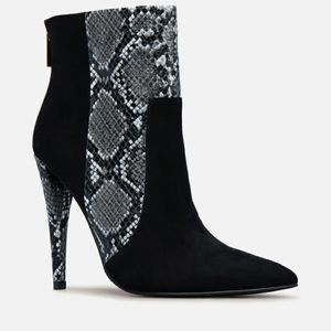 black, white and grey faux snake skin pointed toe heeled bootie